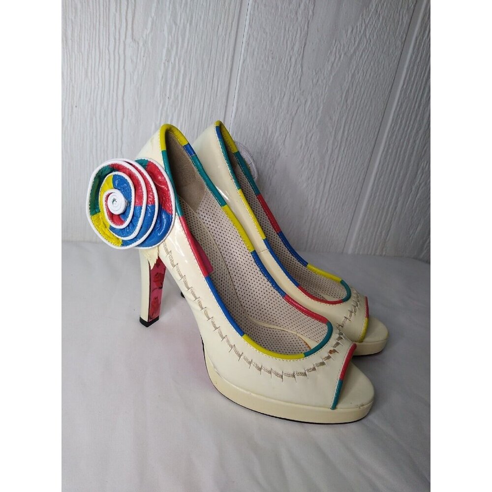 Betsey Johnson Womens 7 M Open Peep Toe High Heels Shoes Ivory Multicolor Floral